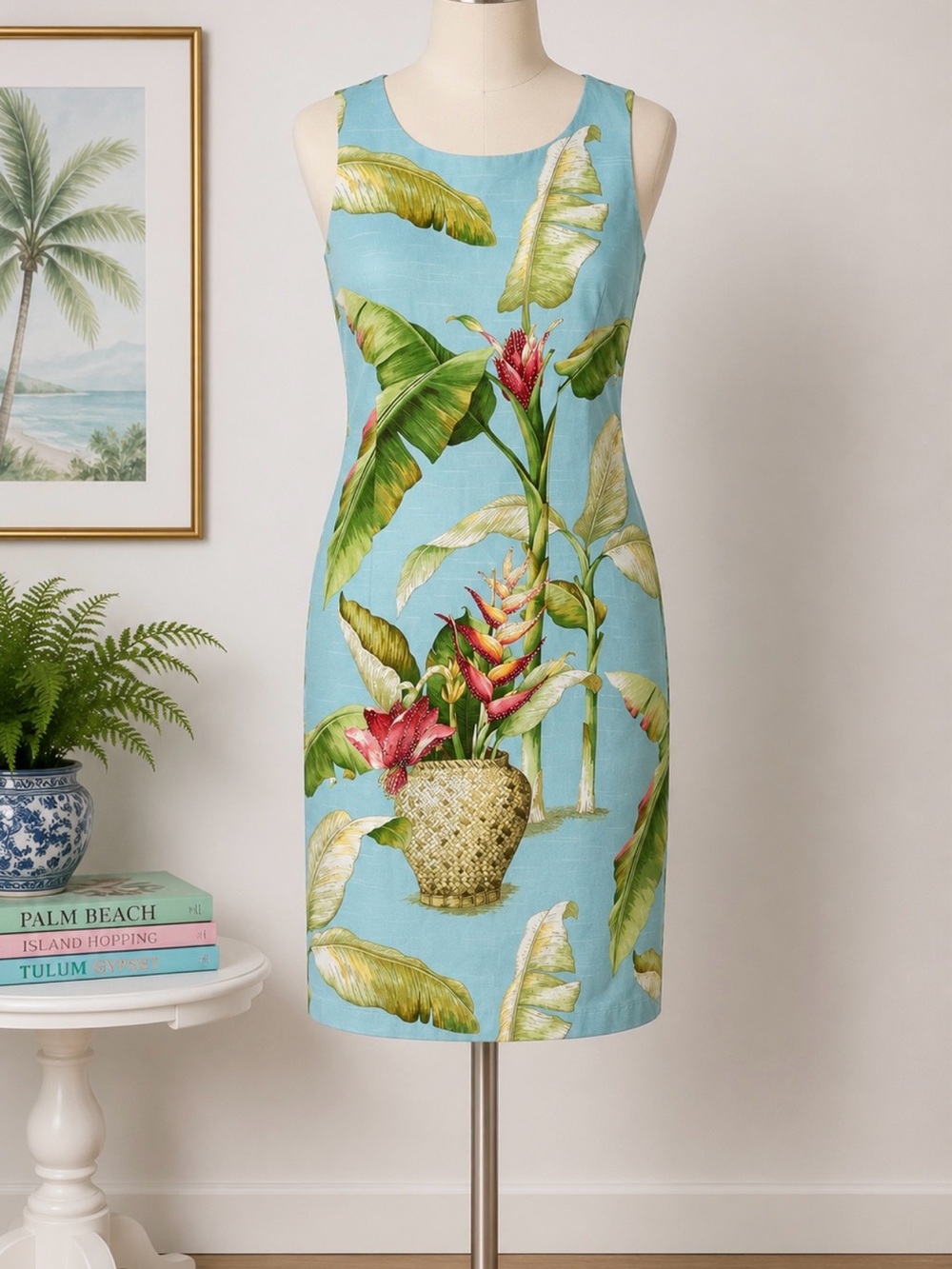Ultra Dress New York Size 8 NWT Tropical Floral Cotton Sheath Dress Blue Lined
